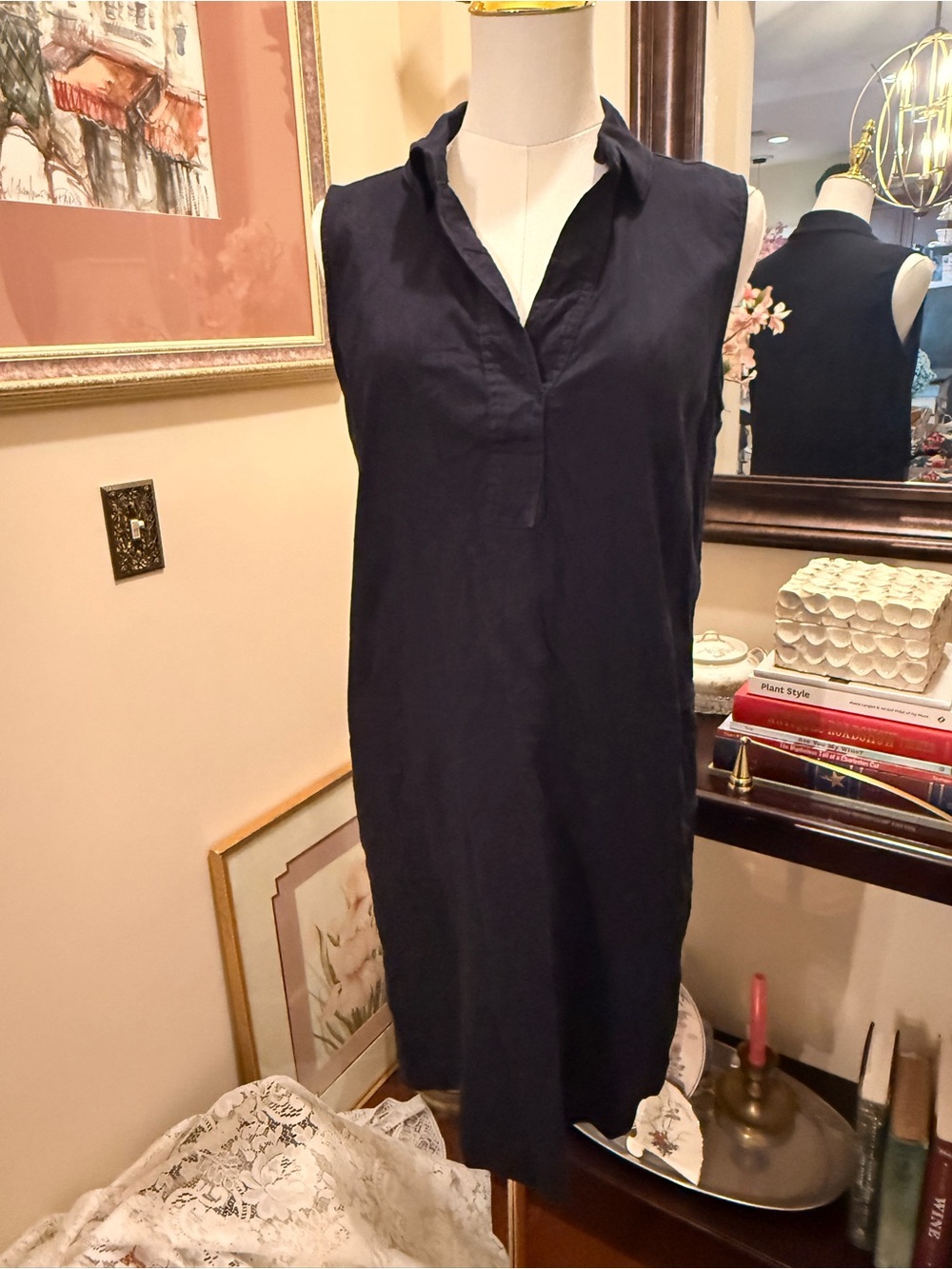Tahari Navy Linen Blend Knit Dress